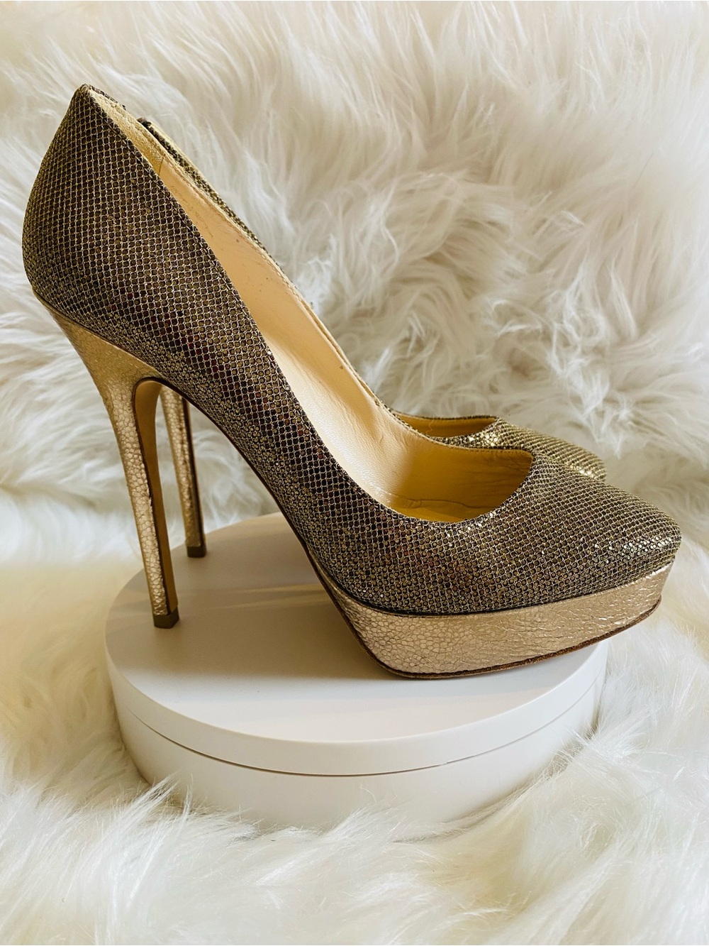 Jimmy Choo Gold Glitter Fabric And Embossed Leather Eros Platform Pumps